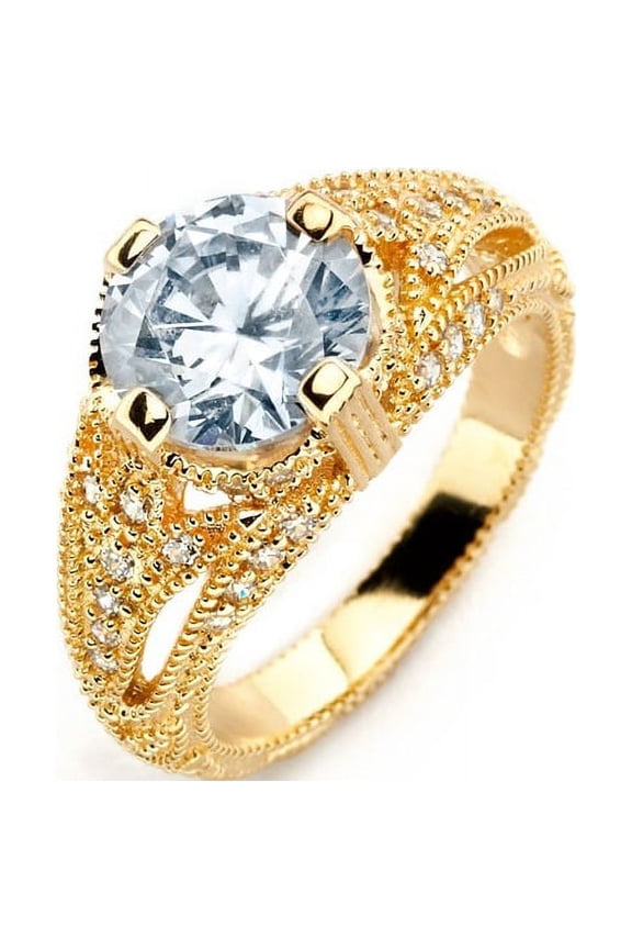 Round Clear Cubic Zirconia Beaded Rope Designer Ring Yellow Gold-Tone Plated Silver Size 8