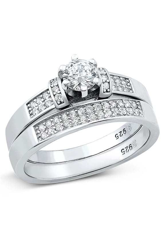 Round Clear Cubic Zirconia Center Double Row Wedding Ring Sterling Silver Size 7