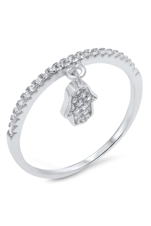 Round Clear Cubic Zirconia Dangling CZ Pave Hamsa Hand Ring Sterling Silver 925