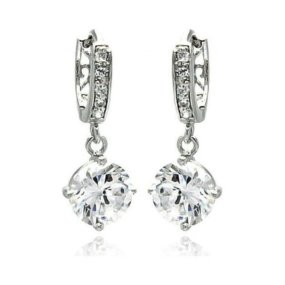 Round Clear Cubic Zirconia Dangling Huggie Earrings Rhodium Plated Sterling Silver