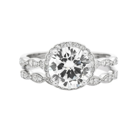 Round Clear Cubic Zirconia Flower Design Stackable Set Ring Sterling Silver Size 9