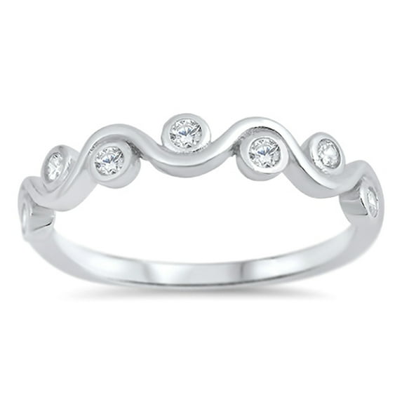 Round Clear Cubic Zirconia Wave Ring .925 Sterling Silver Band White Jewelry Female Male Size 3