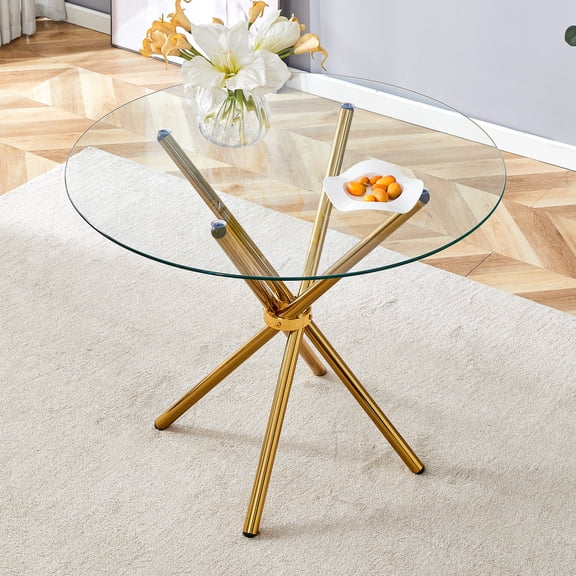 Round Clear Glass Dining Table for 4-6 People with Gold Metal Base, Modern Circular Kitchen Table with Ring-Shaped Pedestal Legs for Dining Room Kitchen Patio