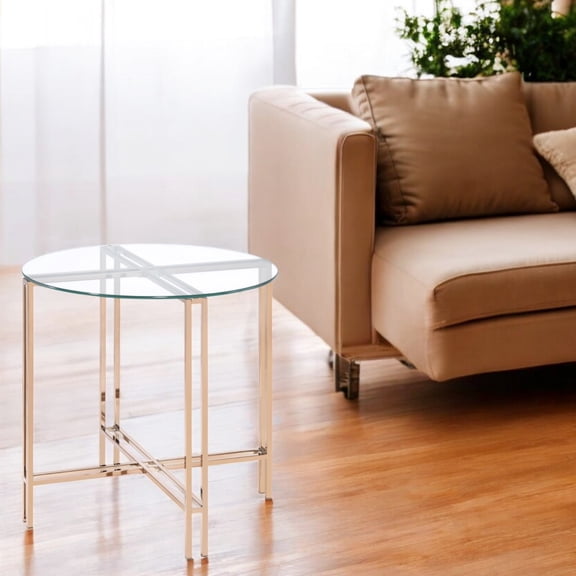 Round Clear Glass-topped End Table In Champagne - Elegant Decor Stylish With Glass Decorative Balcony Accent