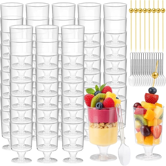 Round Clear Plastic Mini Dessert Cups – with Spoons and Bamboo Skewers, Great for Parfaits, Shooters, Parties, Serving Fruit, Ice Cream, Mousse, Pudding, Yogurt, Appetizers – Vasos par