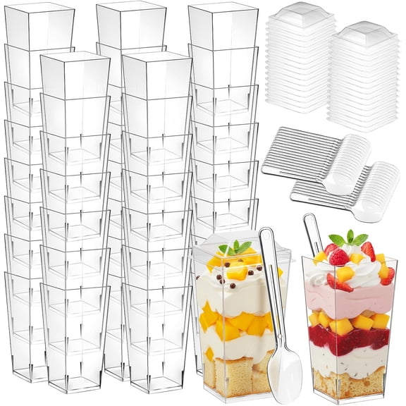 Round Clear Plastic Mini Dessert Cups – with Spoons and Bamboo Skewers, Great for Parfaits, Shooters, Parties, Serving Fruit, Ice Cream, Mousse, Pudding, Yogurt, Appetizers – Vasos par
