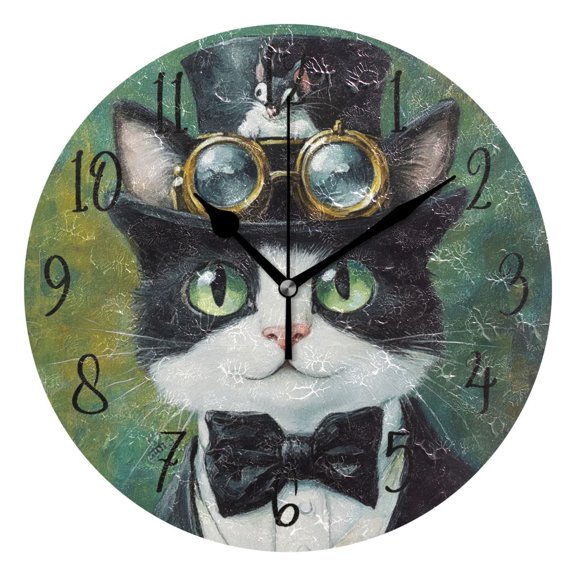 Round Clock Black Clock 9.84*9.84 Inch Round Art Clock Decorative Clock Creative Clock Dual-Purpose Clock Wall Clock Clock Fashion Decoration Black Cat in Suit