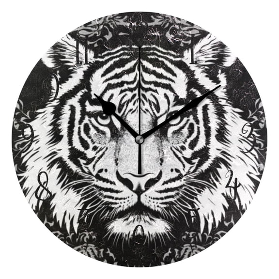 Round Clock Black Clock 9.84*9.84 Inch Round Art Clock Decorative Clock Creative Clock Dual-Purpose Clock Wall Clock Clock Fashion Decoration Black and White Cartoon Tiger