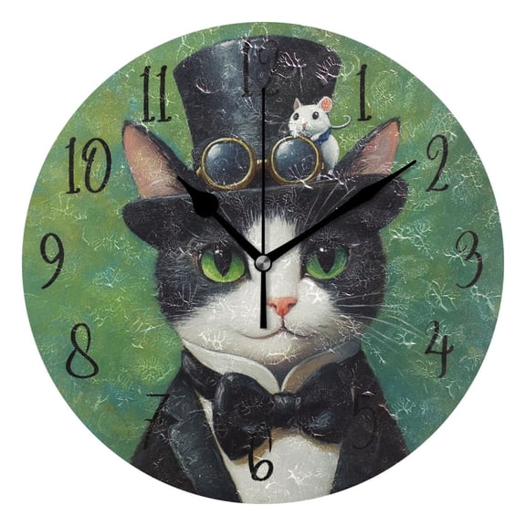 Round Clock Black Clock 9.84*9.84 Inch Round Art Clock Decorative Clock Creative Clock Dual-Purpose Clock Wall Clock Clock Fashion Decoration Cat in A Suit