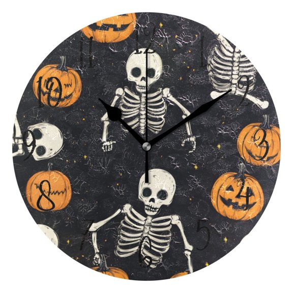 Round Clock Black Clock 9.84*9.84 Inch Round Art Clock Decorative Clock Creative Clock Dual-Purpose Clock Wall Clock Clock Fashion Decoration Halloween Pumpkin Skull