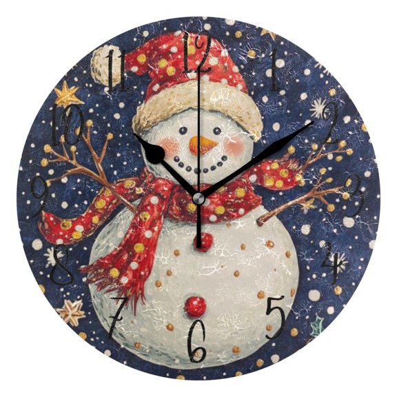 Round Clock Black Clock 9.84*9.84 Inch Round Art Clock Decorative Clock Creative Clock Dual-Purpose Clock Wall Clock Clock Fashion Decoration Red Scarf Snowman