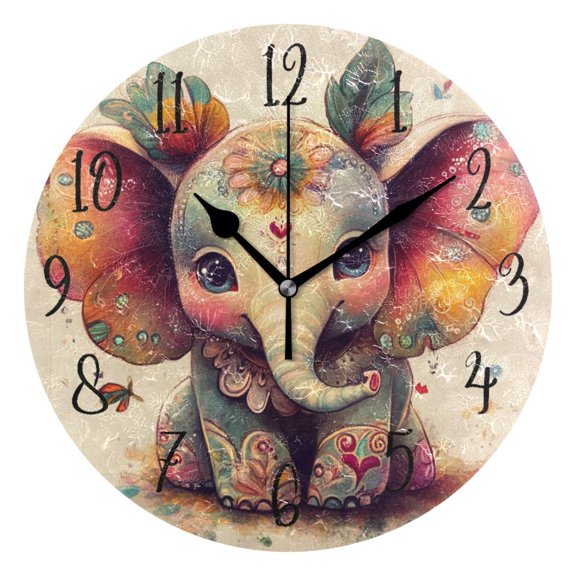 Round Clock Black Clock 9.84*9.84 Inch Round Art Clock Decorative Clock Creative Clock Dual-Purpose Clock Wall Clock Clock Fashion Decoration Smiling Elephant