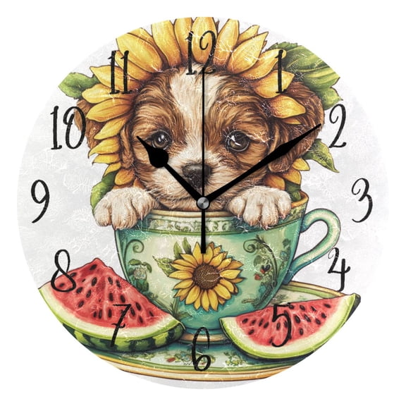 Round Clock Black Clock 9.84*9.84 Inch Round Art Clock Decorative Clock Creative Clock Dual-Purpose Clock Wall Clock Clock Fashion Decoration Tea Cup Cute Dog