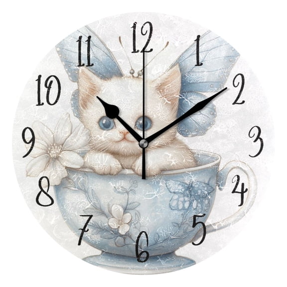 Round Clock Black Clock 9.84*9.84 Inch Round Art Clock Decorative Clock Creative Clock Dual-Purpose Clock Wall Clock Clock Fashion Decoration Teacup Cute White Cat