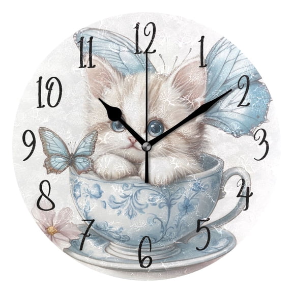 Round Clock Black Clock 9.84*9.84 Inch Round Art Clock Decorative Clock Creative Clock Dual-Purpose Clock Wall Clock Clock Fashion Decoration Teacup Cute Kitten