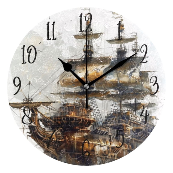 Round Clock Gold Clock 9.84*9.84 Inch Round Art Clock Decorative Clock Creative Clock Dual-Purpose Clock Wall Clock Clock Fashion Decoration Cartoon Ship