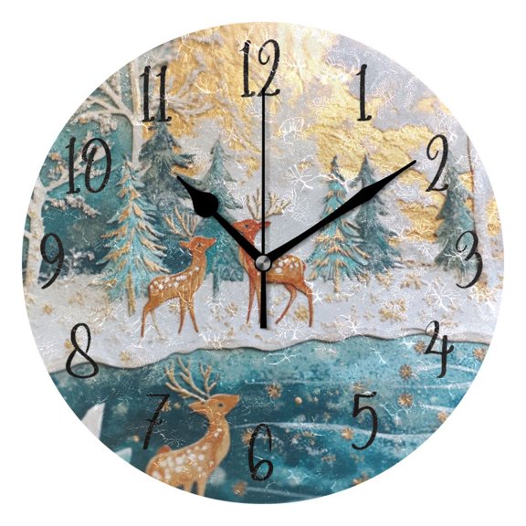Round Clock Gold Clock 9.84*9.84 Inch Round Art Clock Decorative Clock Creative Clock Dual-Purpose Clock Wall Clock Clock Fashion Decoration Christmas Deer in The Snow