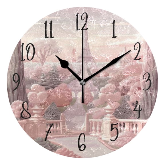 Round Clock Gold Clock 9.84*9.84 Inch Round Art Clock Decorative Clock Creative Clock Dual-Purpose Clock Wall Clock Clock Fashion Decoration Pink Buildings and The Eiffel Tower