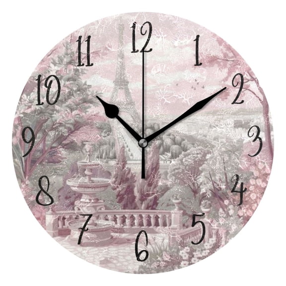 Round Clock Gold Clock 9.84*9.84 Inch Round Art Clock Decorative Clock Creative Clock Dual-Purpose Clock Wall Clock Clock Fashion Decoration Pink Flowers and The Eiffel Tower
