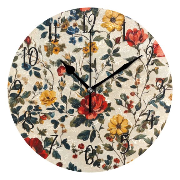 Round Clock Gold Clock 9.84*9.84 Inch Round Art Clock Decorative Clock Creative Clock Dual-Purpose Clock Wall Clock Clock Fashion Decoration Red and Yellow Flowers