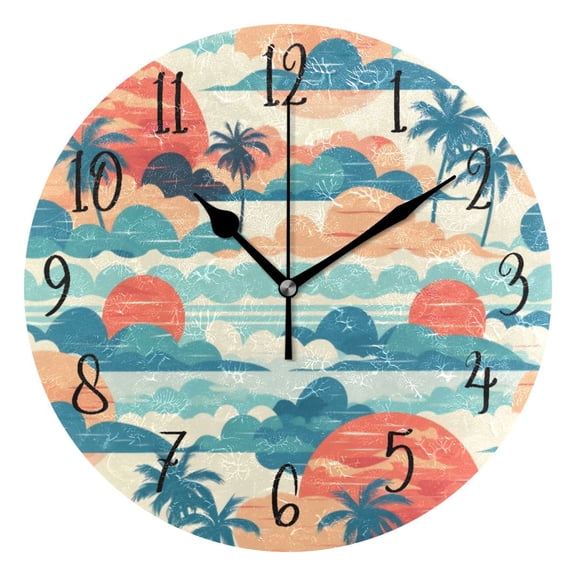 Round Clock Gold Clock 9.84*9.84 Inch Round Art Clock Decorative Clock Creative Clock Dual-Purpose Clock Wall Clock Clock Fashion Decoration The Sunrise Coconut Tree
