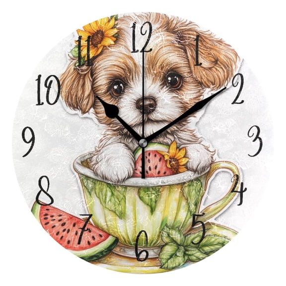 Round Clock Gold Clock 9.84*9.84 Inch Round Art Clock Decorative Clock Creative Clock Dual-Purpose Clock Wall Clock Clock Fashion Decoration Teacup Cute Puppy