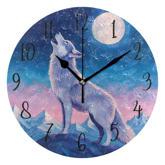 Round Clock Gold Clock 9.84*9.84 Inch Round Art Clock Decorative Clock Creative Clock Dual-Purpose Clock Wall Clock Clock Fashion Decoration Wolf in The Moonlight