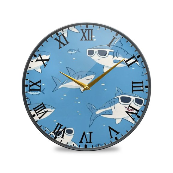 Round Clock Wall Clock Decorative Clock 11.9" Sizes Cute Sharks Wearing Sunglasses