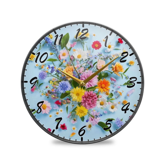 Round Clock Wall Clock Decorative Clock 11.9" Sizes Clock Blooming Colorful Flowers