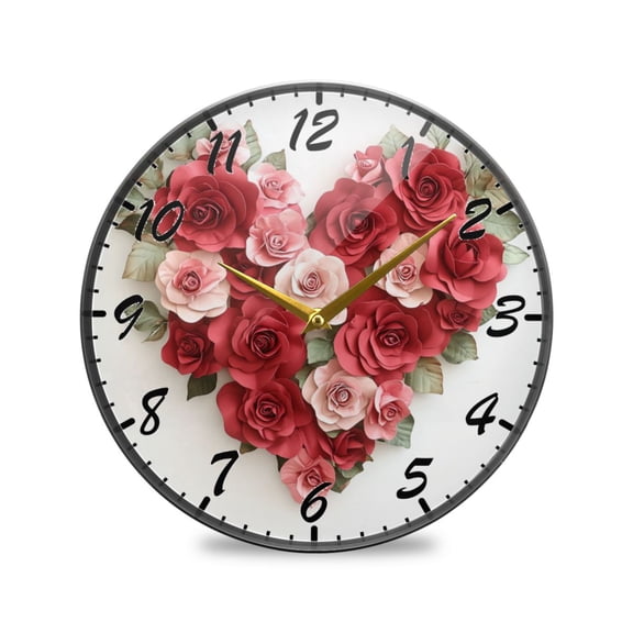 Round Clock Wall Clock Decorative Clock 11.9" Sizes Clock Heart-shaped Red Roses
