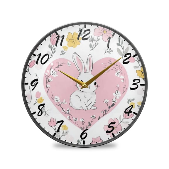 Round Clock Wall Clock Decorative Clock 11.9" Sizes Clock Pink Heart with White Rabbits