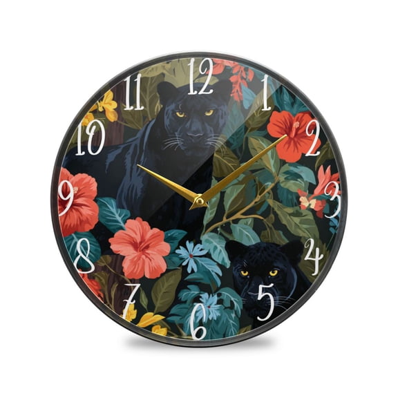 Round Clock Wall Clock Decorative Clock 9.5" Sizes Black Panther in The Jungle