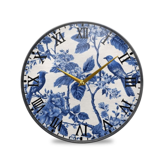 Round Clock Wall Clock Decorative Clock 9.5" Sizes Blue Flowers and Birds