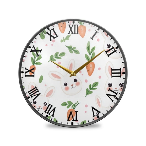 Round Clock Wall Clock Decorative Clock 9.5" Sizes White Rabbits and Carrots