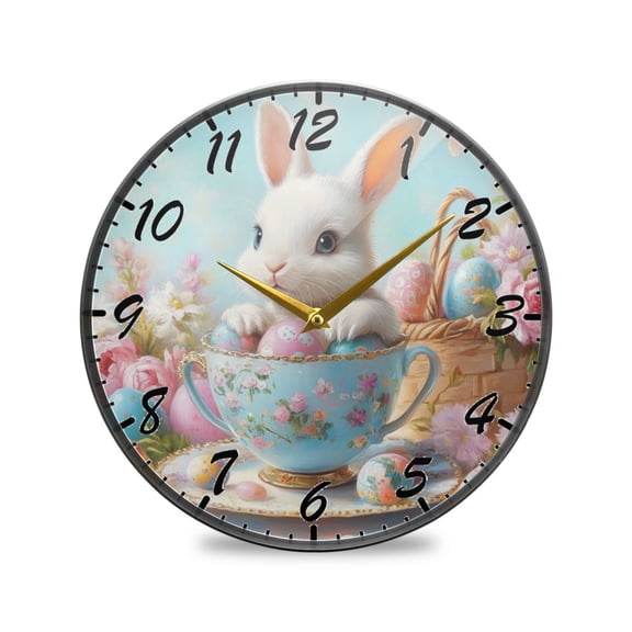 Round Clock Wall Clock Decorative Clock 9.5" Sizes Clock Bunny and Easter Teacup