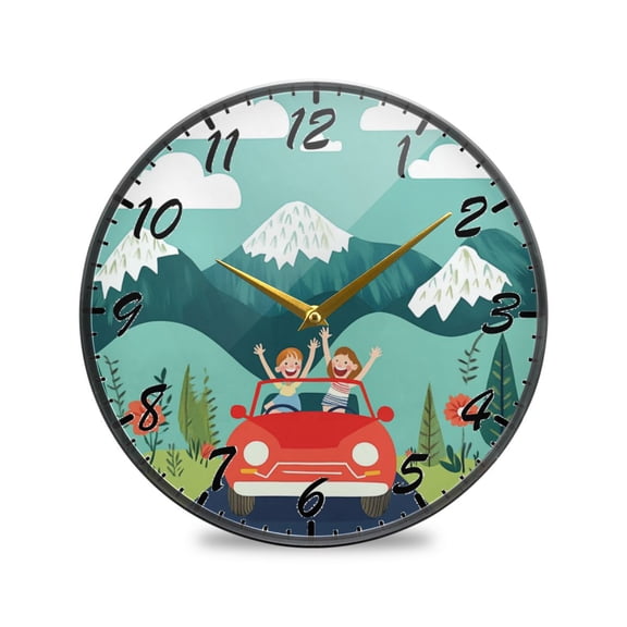 Round Clock Wall Clock Decorative Clock 9.5" Sizes Clock Green Mountains and Blue Sky