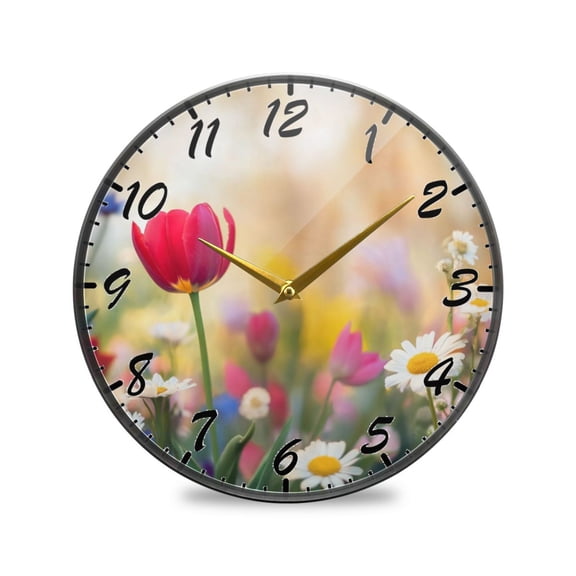 Round Clock Wall Clock Decorative Clock 9.5" Sizes Clock Vibrant Red Tulips