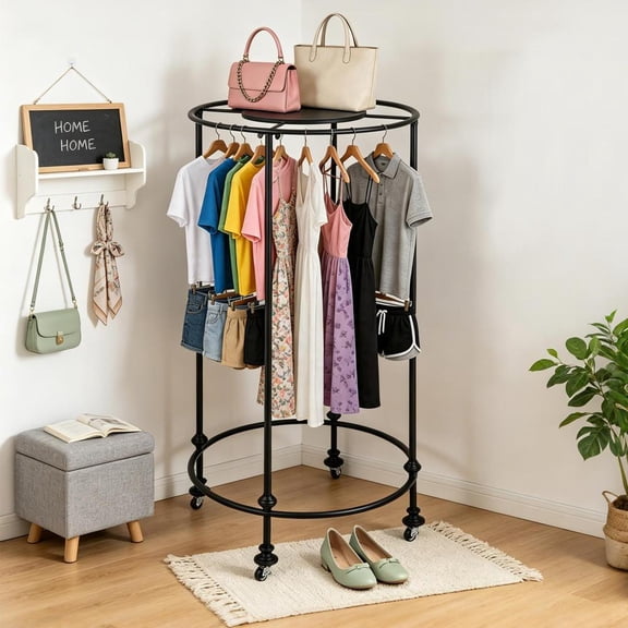 Round Clothes Display Retail Rack, Floor-Standing Garment Rack with 360 Rotation and Topper, Perfect for Laundry, Home, or Dance Hall
