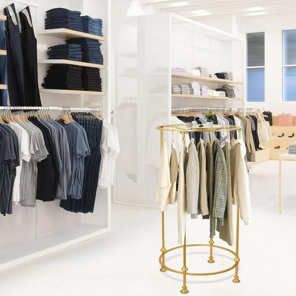 Round Clothing Rack, Garment Display Retail Rack with Topper, Rotatable Boutique Clothing Rack Multi-Purpose Metal Shelf for Large Shopping Malls Retail, Clothes Boutique Display(GOLD)