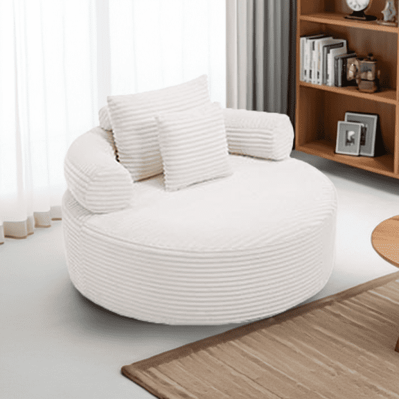 Round Cloud Couch, Modular Sectional Sofa Bed with Memory Foam & 3 Pillows, Convertible Velvet Couches for Small Space Living Room, Apartment, White