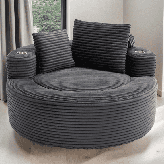 Round Cloud Couch, Modular Sofa Bed with Memory Foam & Cup Holder, Convertible Sectional with 3 Pillows for Small Space Living Room, Apartment, Dark Grey