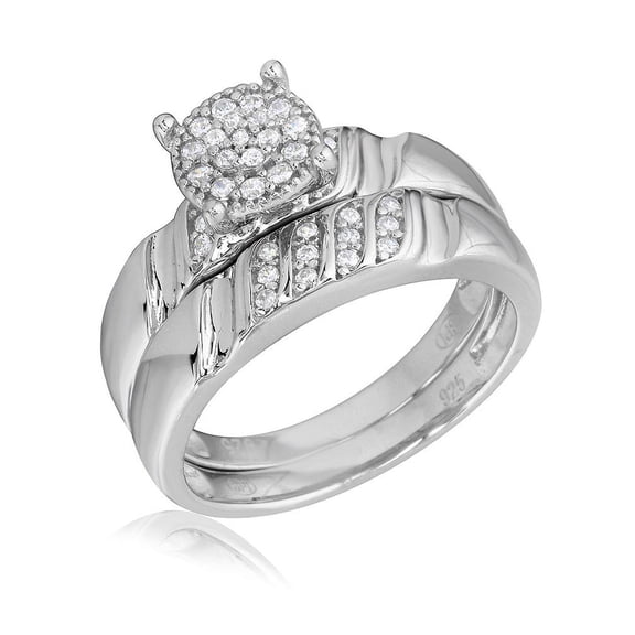 Round Cluster Cubic Zirconia Center Maching Wedding Ring Rhodium Plated Sterling Silver Size 8