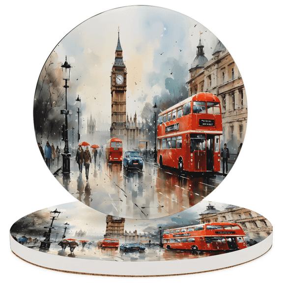 Round Coasters Set of 2, London Street Absorbent Ceramic Coaster with Cork Base, Bar Coasters for Drinks Coffee Mugs Tea Cups Wine Glasses Home Decor Gifts (4 inches)