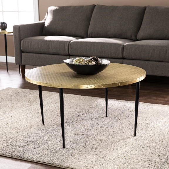 Round Cocktail Table In Iron - Black Pattern For Open Concept, Industrial, 34"x34"x18.64", 32.21 Lb With Detail Living Room Accent, Handmade Industrial Appeal, 34 In. Width X Depth 18.64 Height 32.5