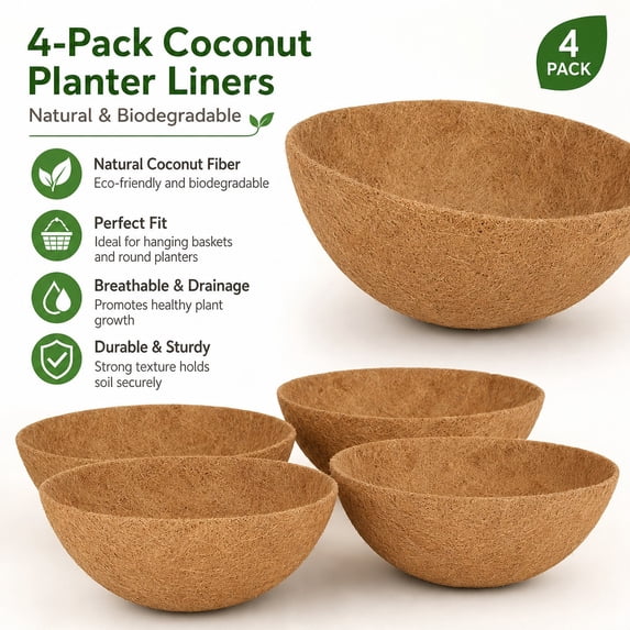 Round Coconut Coir Basket Liner 12 Inch 4 Pack, Natural Fiber Hanging ...