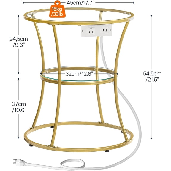 Round Coffee End Table with Charging Station, 2-Tier Small Accent Side Table with Glass Tabletop, Round Nightstand for Small Space in Living Room, Bedroom, Gold GD83UBZ01