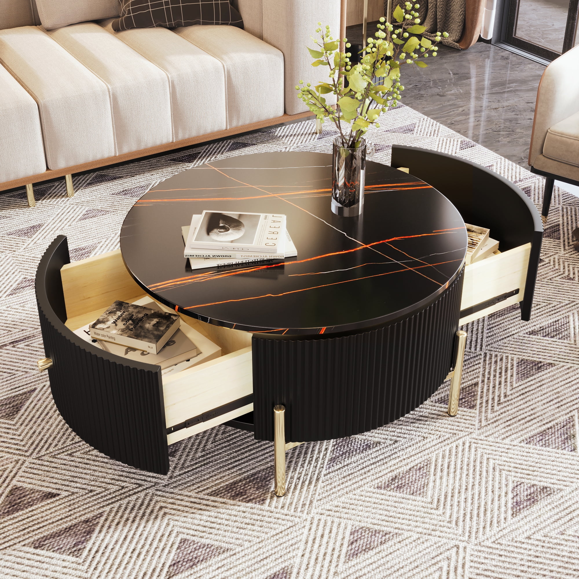 Round Coffee Table with 2 Large Drawers,Modern Circular Accent Table