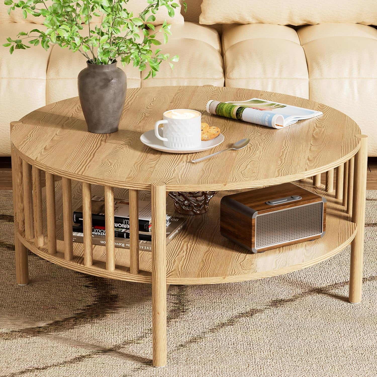 Round Coffee Table, 2-Tier Coffee Tables for Living Room, Wood Circle ...