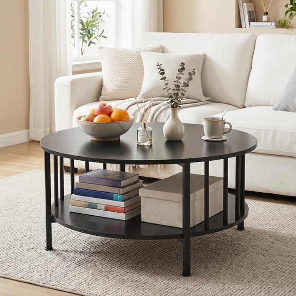 Round Coffee Table, 2-Tier with Storage Shelf, Metal Accents, Black Walnut Finish, Round Side Table