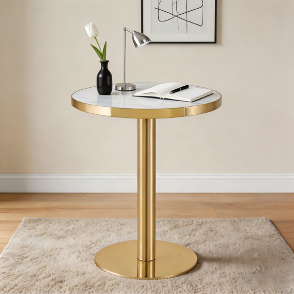 Round Coffee Table 23.6", Marble Texture Top - Stainless Steel Trim & Metal Legs
